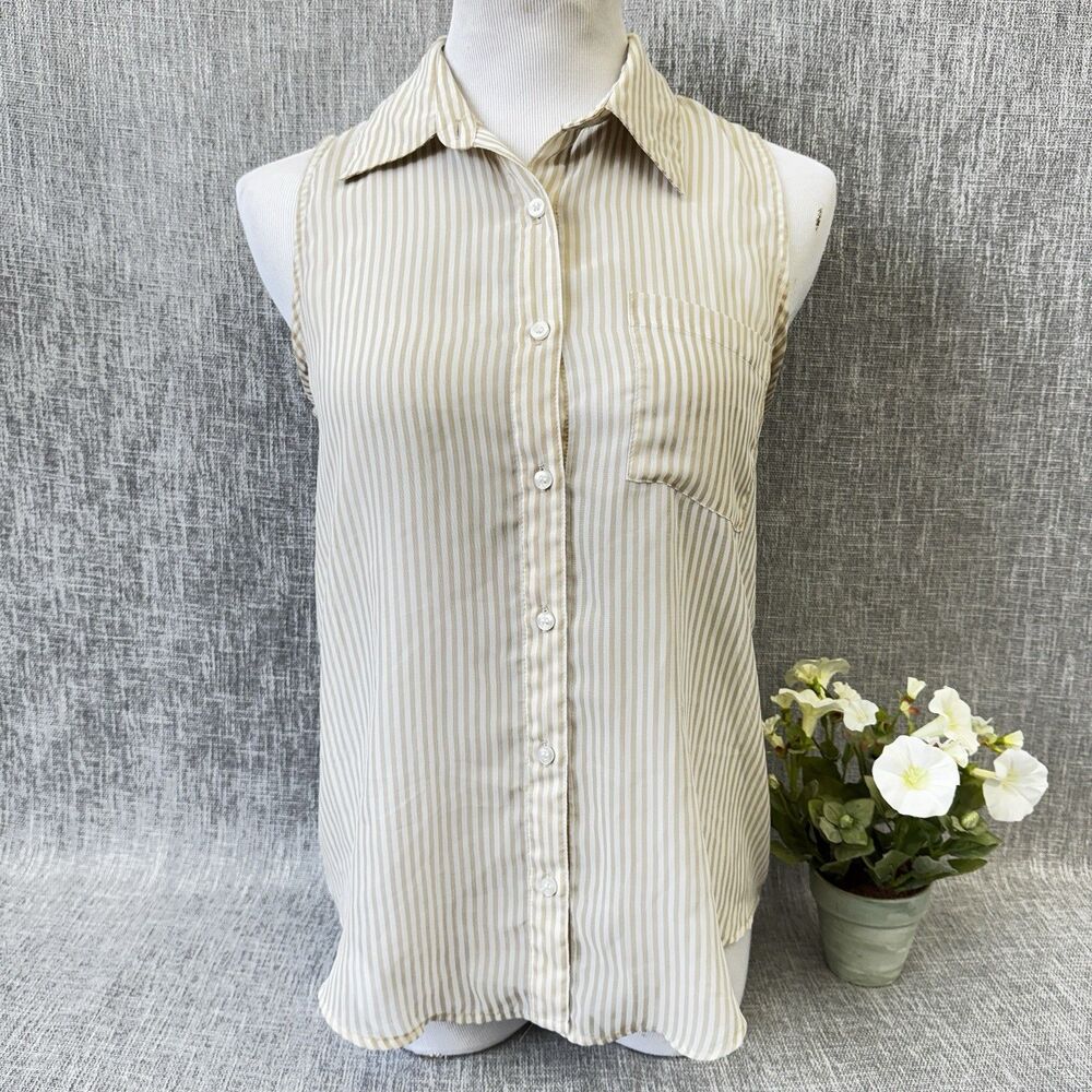 Forever 21 Womens Sz S Button Up Sleeveless Blouse White beige striped sheer